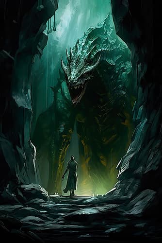 Fantasy of warrior facing a monster. AI Generated. Architecture Print